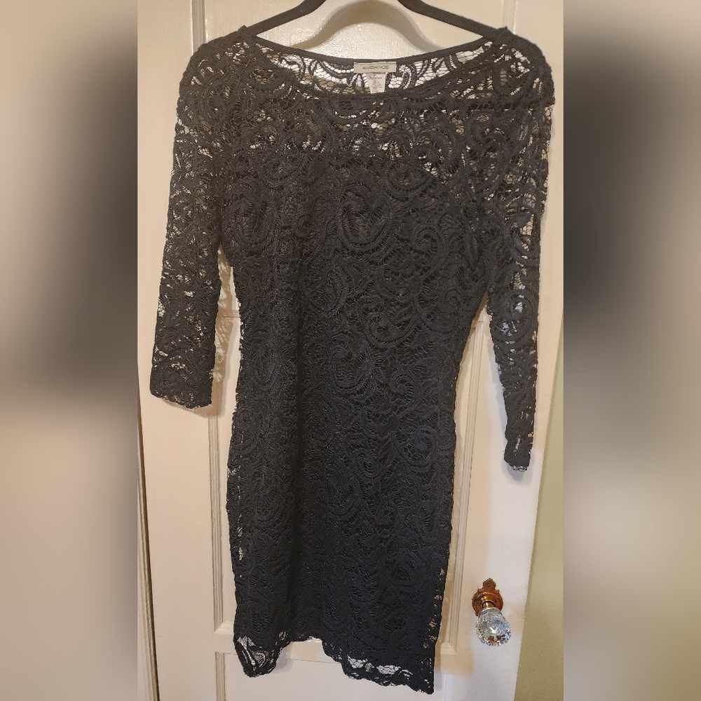 Ambiance Black Lace Midi Dress with Three-Quarter Sleeves